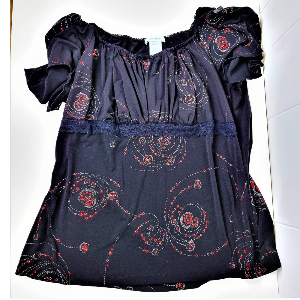 Dressbarn Sequenced Black/Red Peasant Blouse Woman's 2X #1506